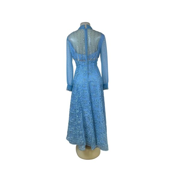 Vintage Womens Blue Embellished Sheer Long-Sleeve Gown With Beaded Overlay - Picture 3 of 16